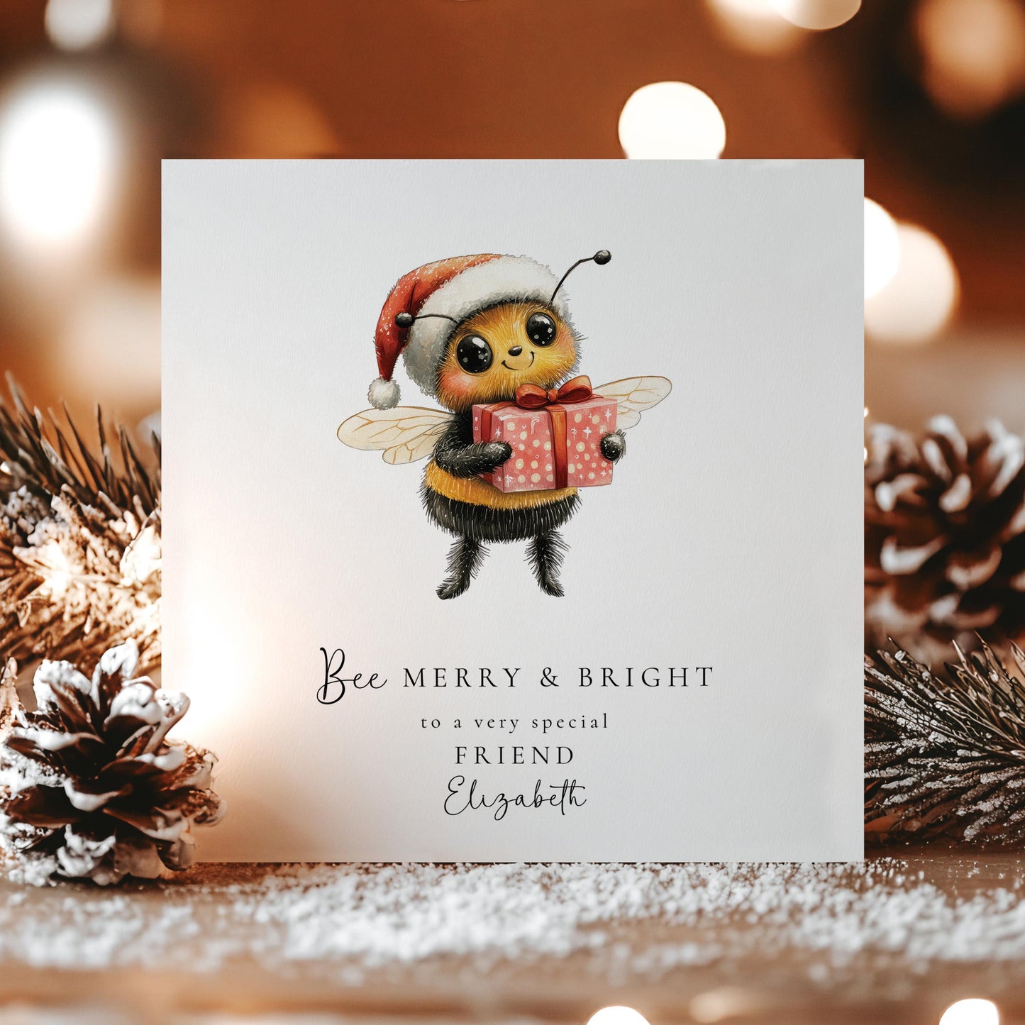 Bee Merry & Bright Christmas Card, Cute Bee Xmas Card for Friend, Personalised Name Card, Festive Bee Holding Gift, Custom Printed Card UK