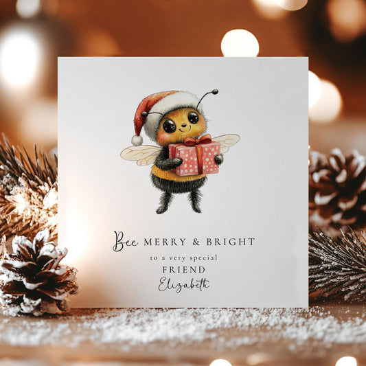 Bee Merry & Bright Christmas Card, Cute Bee Xmas Card for Friend, Personalised Name Card, Festive Bee Holding Gift, Custom Printed Card UK