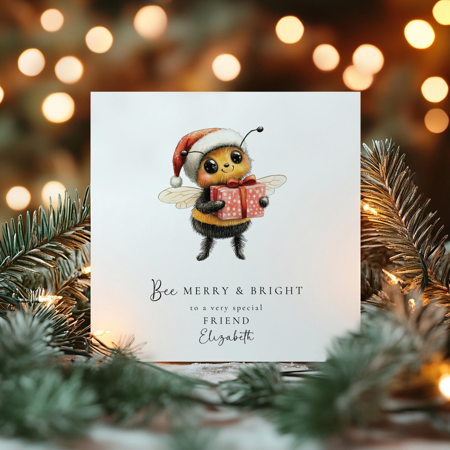 Bee Merry & Bright Christmas Card, Cute Bee Xmas Card for Friend, Personalised Name Card, Festive Bee Holding Gift, Custom Printed Card UK