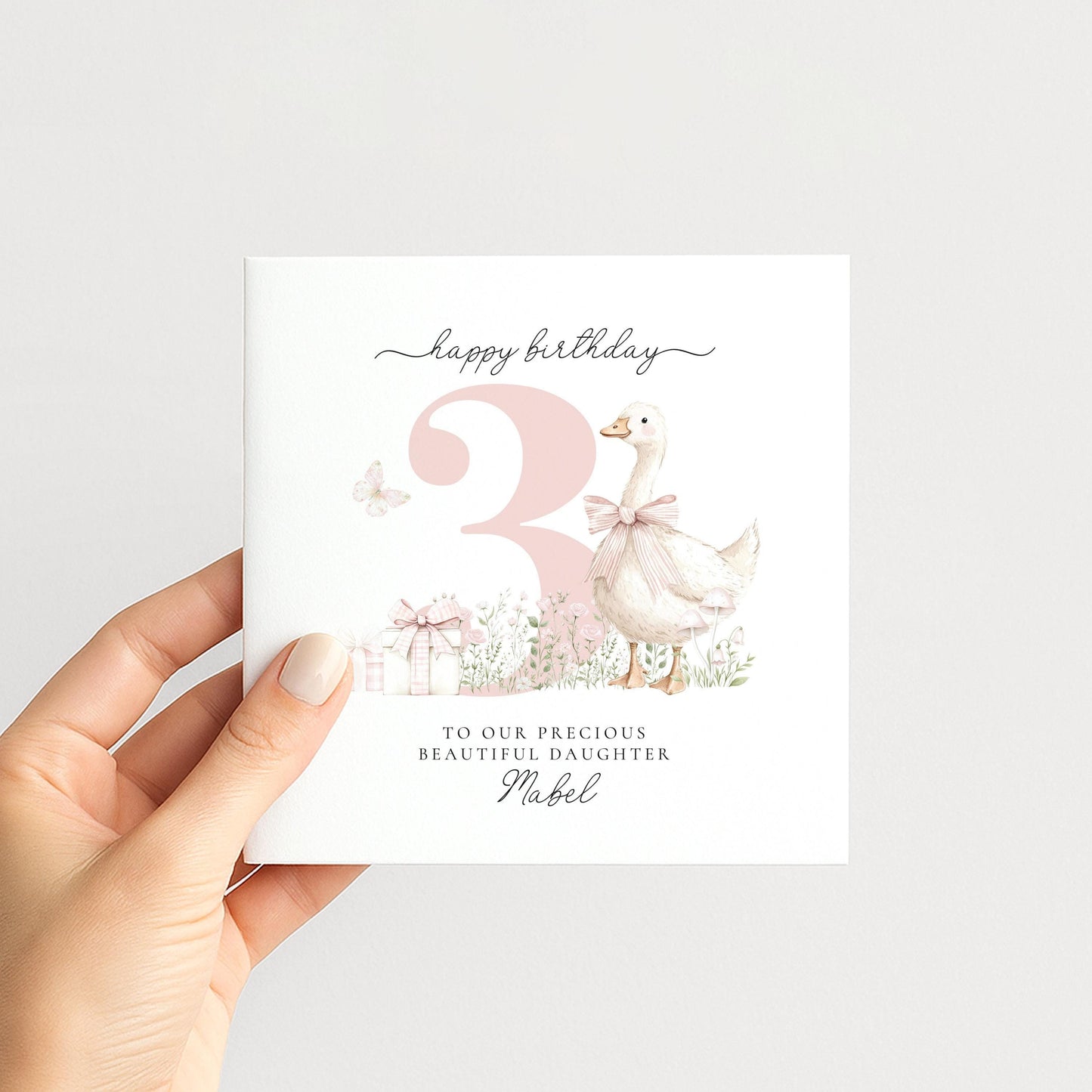 3rd Birthday Card for Daughter, Pink Goose Birthday Card, Personalised Age 3 Card for Girl, Farmyard Birthday Card, Printed & Posted