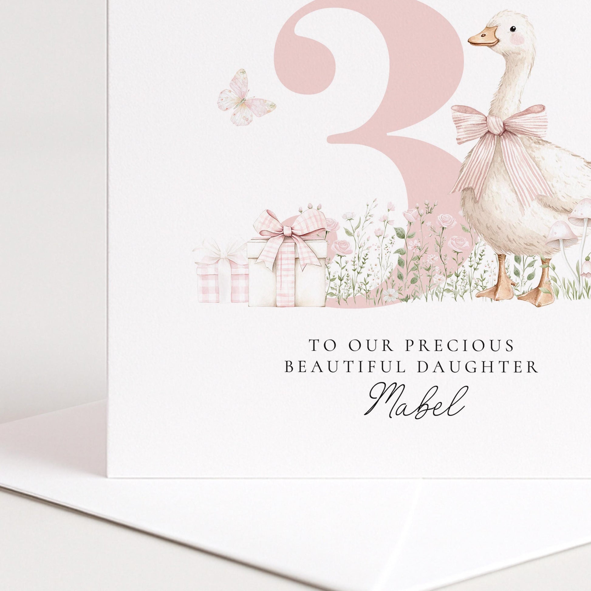 3rd Birthday Card for Daughter, Pink Goose Birthday Card, Personalised Age 3 Card for Girl, Farmyard Birthday Card, Printed & Posted