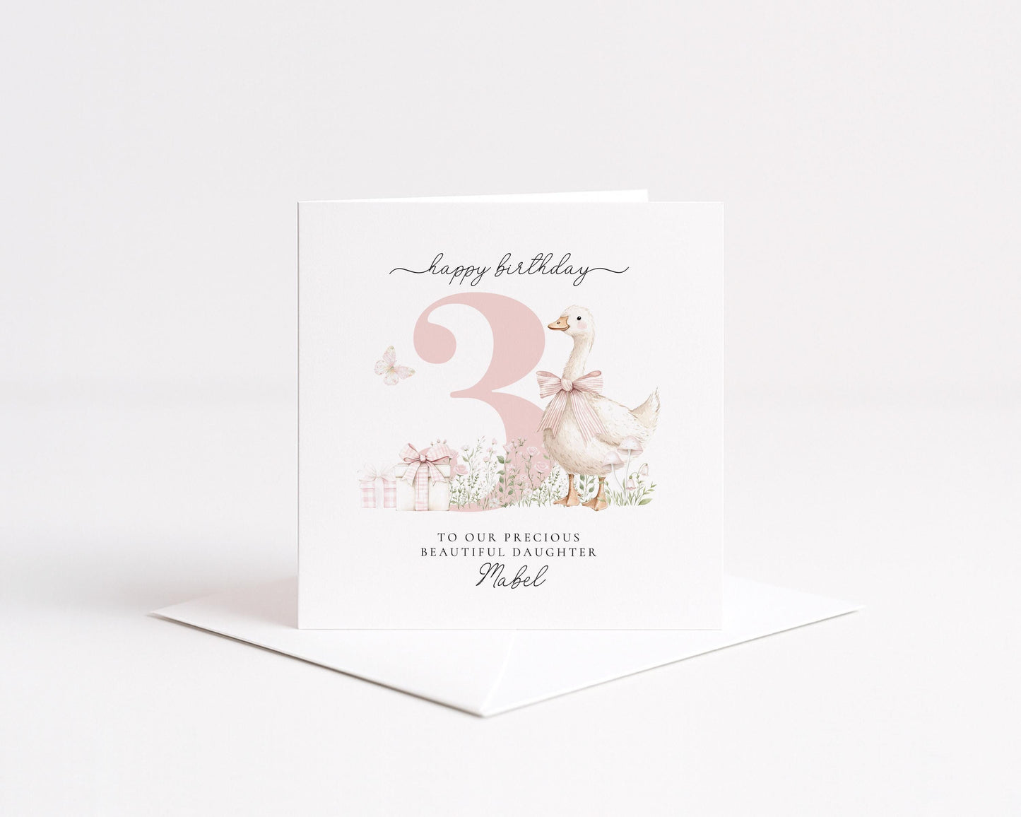 3rd Birthday Card for Daughter, Pink Goose Birthday Card, Personalised Age 3 Card for Girl, Farmyard Birthday Card, Printed & Posted