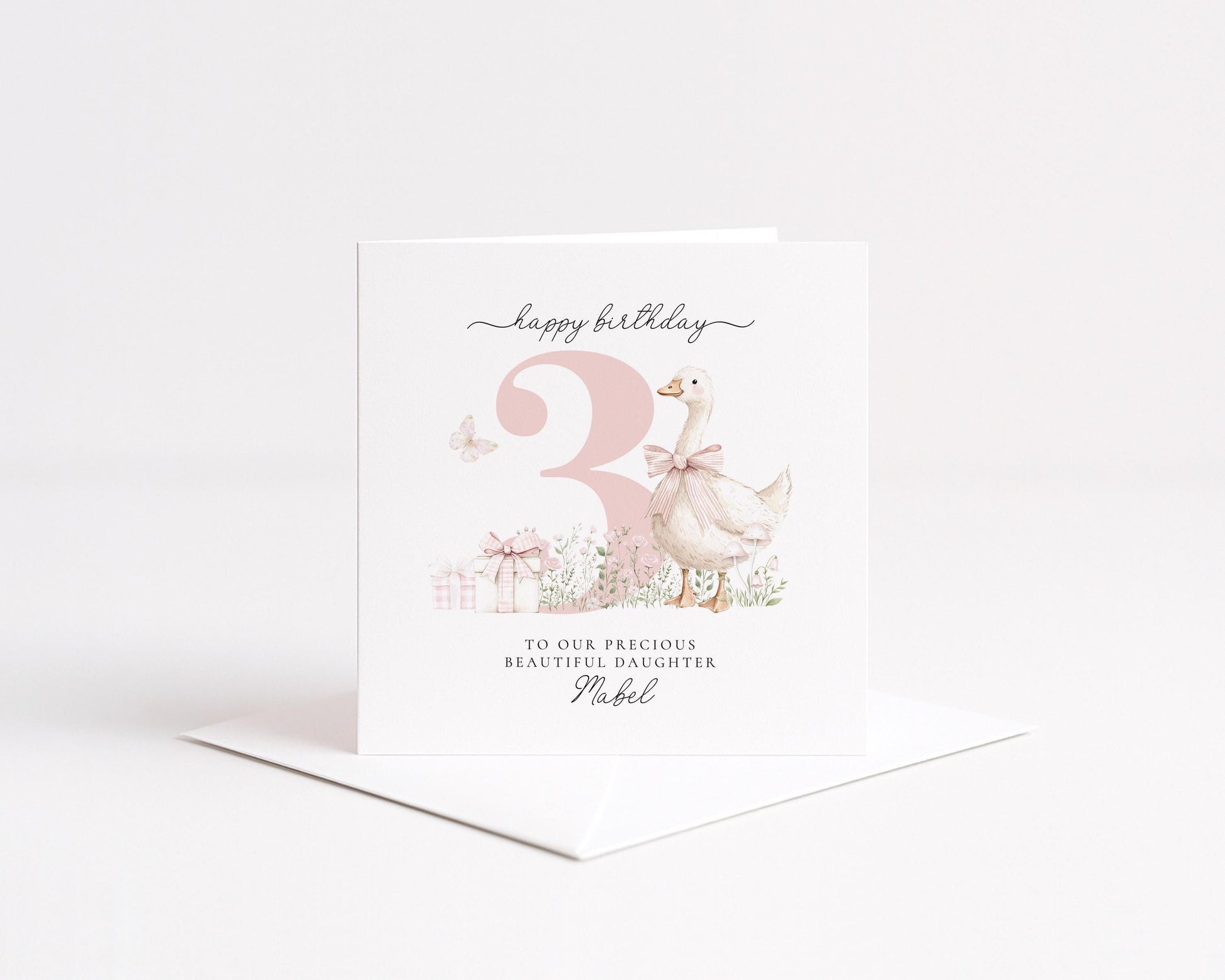 3rd Birthday Card for Daughter, Pink Goose Birthday Card, Personalised Age 3 Card for Girl, Farmyard Birthday Card, Printed & Posted
