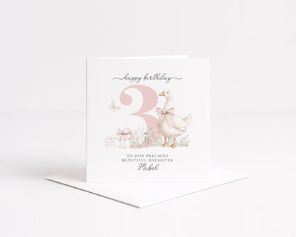 3rd Birthday Card for Daughter, Pink Goose Birthday Card, Personalised Age 3 Card for Girl, Farmyard Birthday Card, Printed & Posted