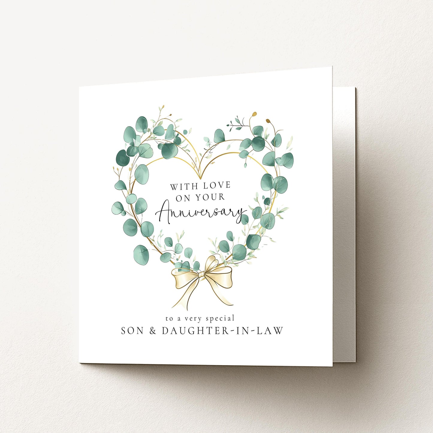 Anniversary Card Son and Daughter-in-law, Elegant Eucalyptus Heart Anniversary Card, Personalised Printed Card