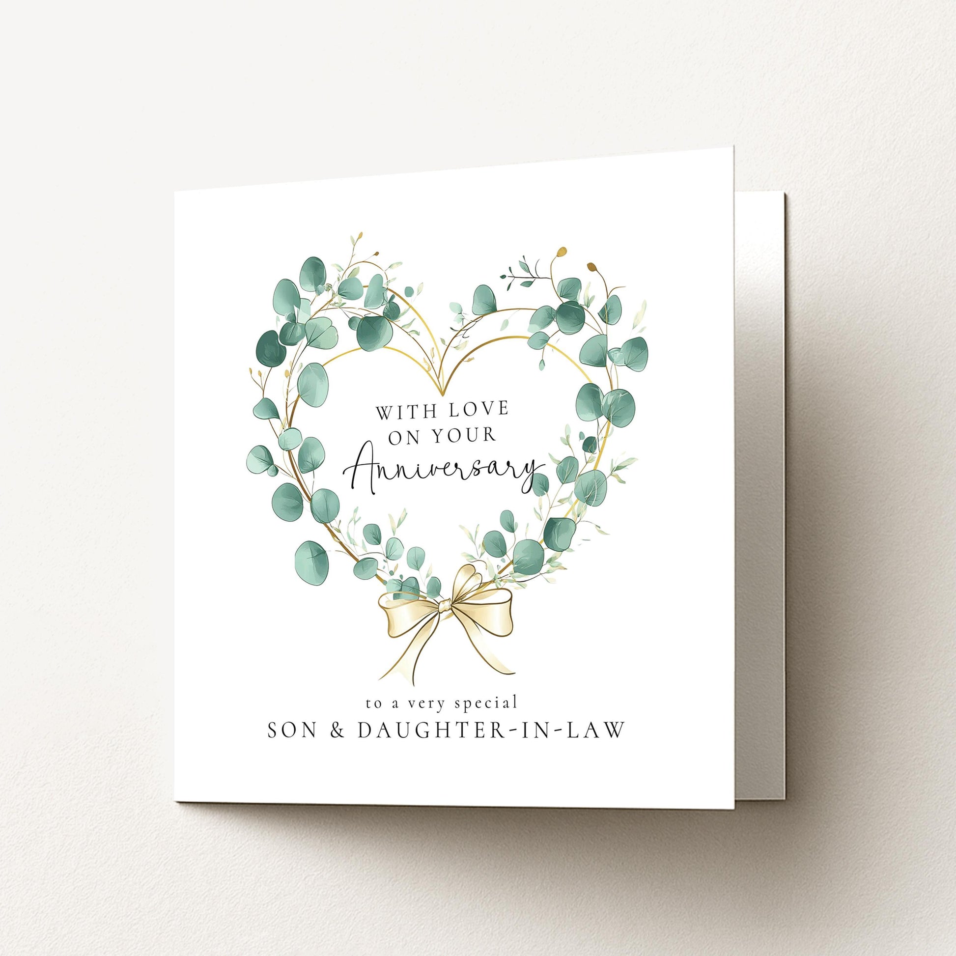 Anniversary Card Son and Daughter-in-law, Elegant Eucalyptus Heart Anniversary Card, Personalised Printed Card