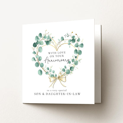 Anniversary Card Son and Daughter-in-law, Elegant Eucalyptus Heart Anniversary Card, Personalised Printed Card