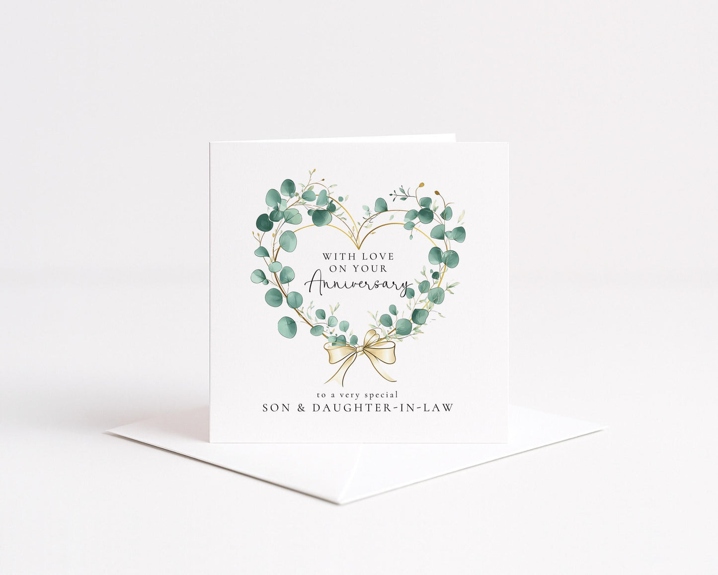 Anniversary Card Son and Daughter-in-law, Elegant Eucalyptus Heart Anniversary Card, Personalised Printed Card