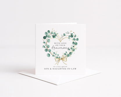 Anniversary Card Son and Daughter-in-law, Elegant Eucalyptus Heart Anniversary Card, Personalised Printed Card