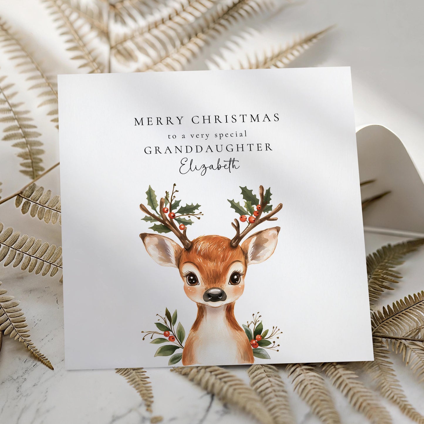 Personalised Christmas Card for Granddaughter, Cute Reindeer Christmas Card, Festive Card for Grandchild, Custom Name Option