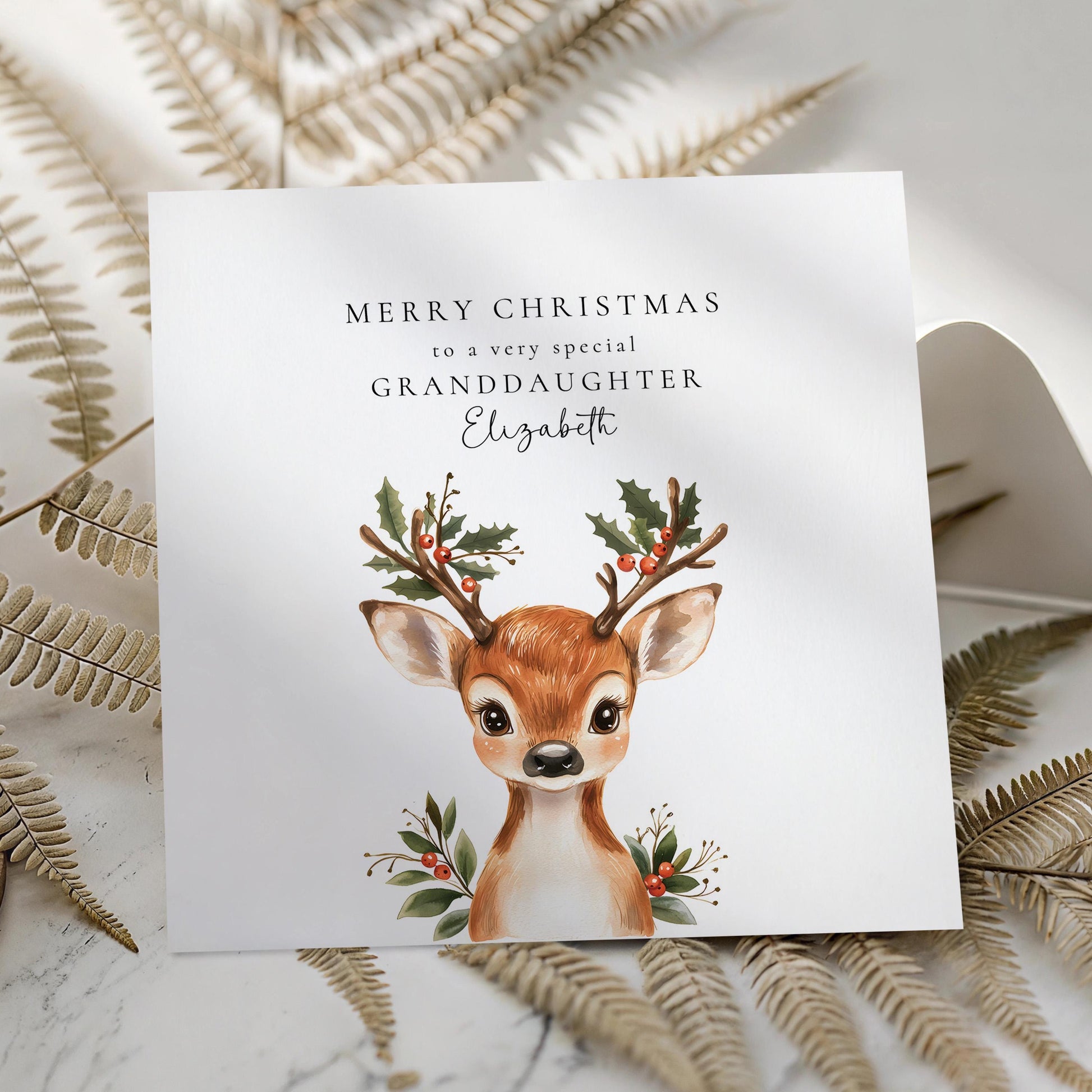 Personalised Christmas Card for Granddaughter, Cute Reindeer Christmas Card, Festive Card for Grandchild, Custom Name Option