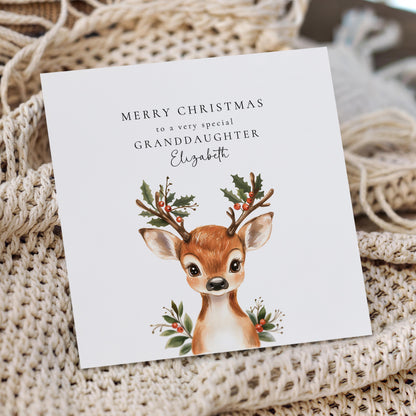 Personalised Christmas Card for Granddaughter, Cute Reindeer Christmas Card, Festive Card for Grandchild, Custom Name Option