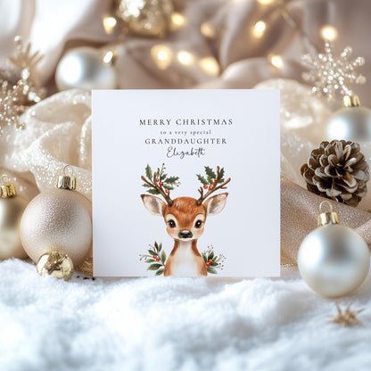 Personalised Christmas Card for Granddaughter, Cute Reindeer Christmas Card, Festive Card for Grandchild, Custom Name Option