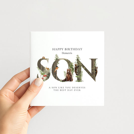 Personalised Son Birthday Card, Custom Woodland Animal Birthday Card for Son, Unique Birthday Card with Name