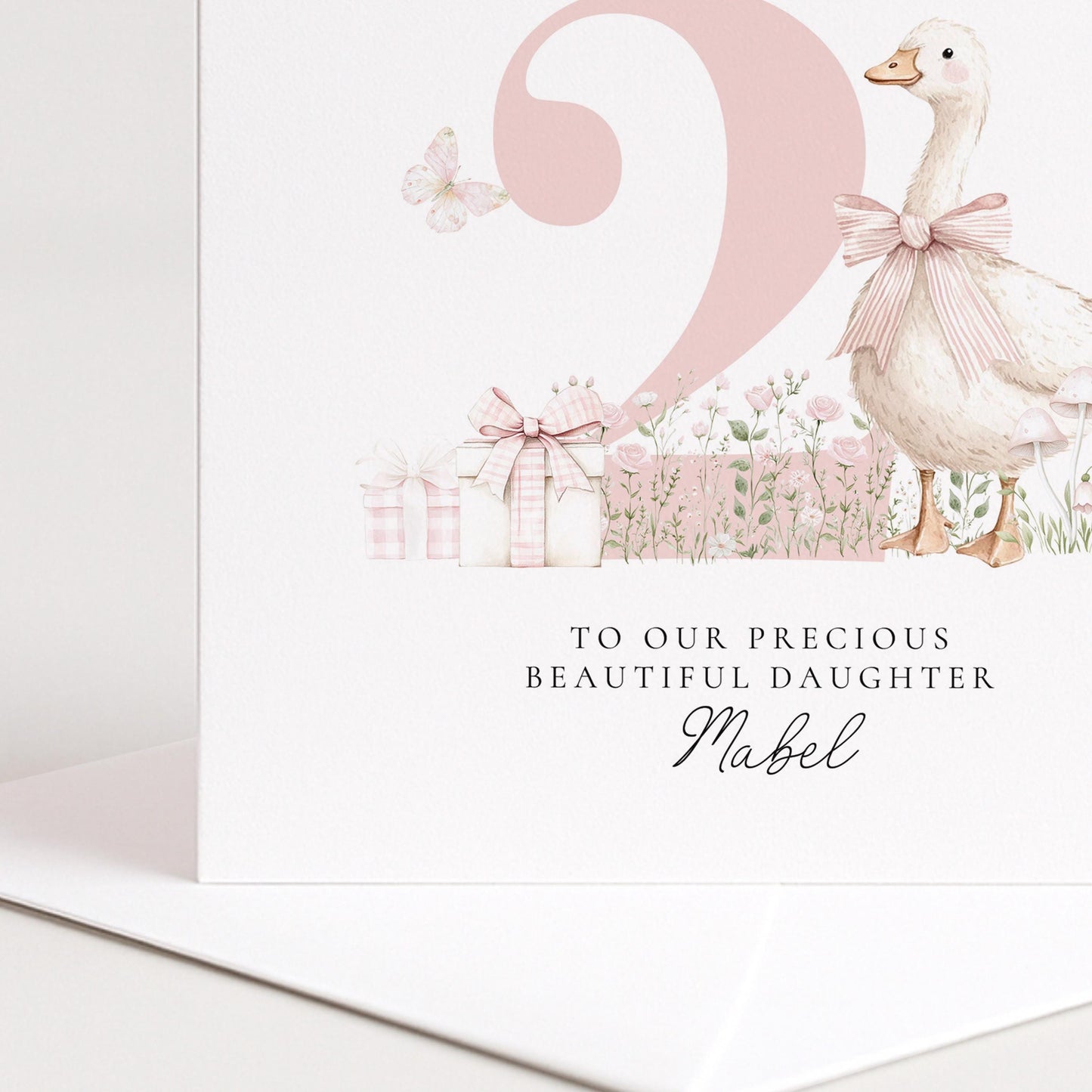 2nd Birthday Card for Daughter, Cute Goose Birthday Card, Personalised Age 2 Birthday Card for Girl, Pink Bow Farmyard Card