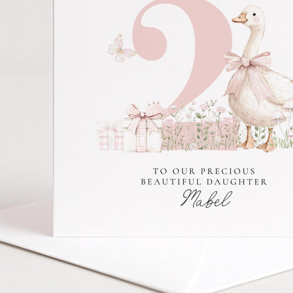 2nd Birthday Card for Daughter, Cute Goose Birthday Card, Personalised Age 2 Birthday Card for Girl, Pink Bow Farmyard Card