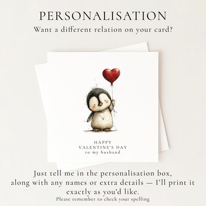 Valentines Husband Card, Cute Penguin Valentine’s Day Card for Husband, Heart Balloon Penguin Card, Romantic Cute Husband Card