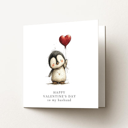 Valentines Husband Card, Cute Penguin Valentine’s Day Card for Husband, Heart Balloon Penguin Card, Romantic Cute Husband Card