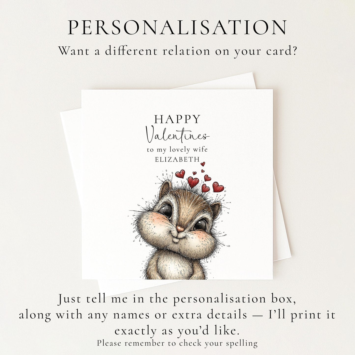 Valentine’s Card for Wife, Cute Chipmunk Valentine Card, Wife Valentine Card, Personalised Valentine’s Day Card