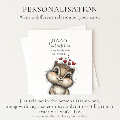 Valentine’s Card for Wife, Cute Chipmunk Valentine Card, Wife Valentine Card, Personalised Valentine’s Day Card