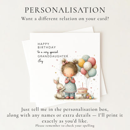 Granddaughter Birthday Card, Personalised Birthday Card for Granddaughter, Cute Girl & Balloons Design, Custom Name Birthday Greeting