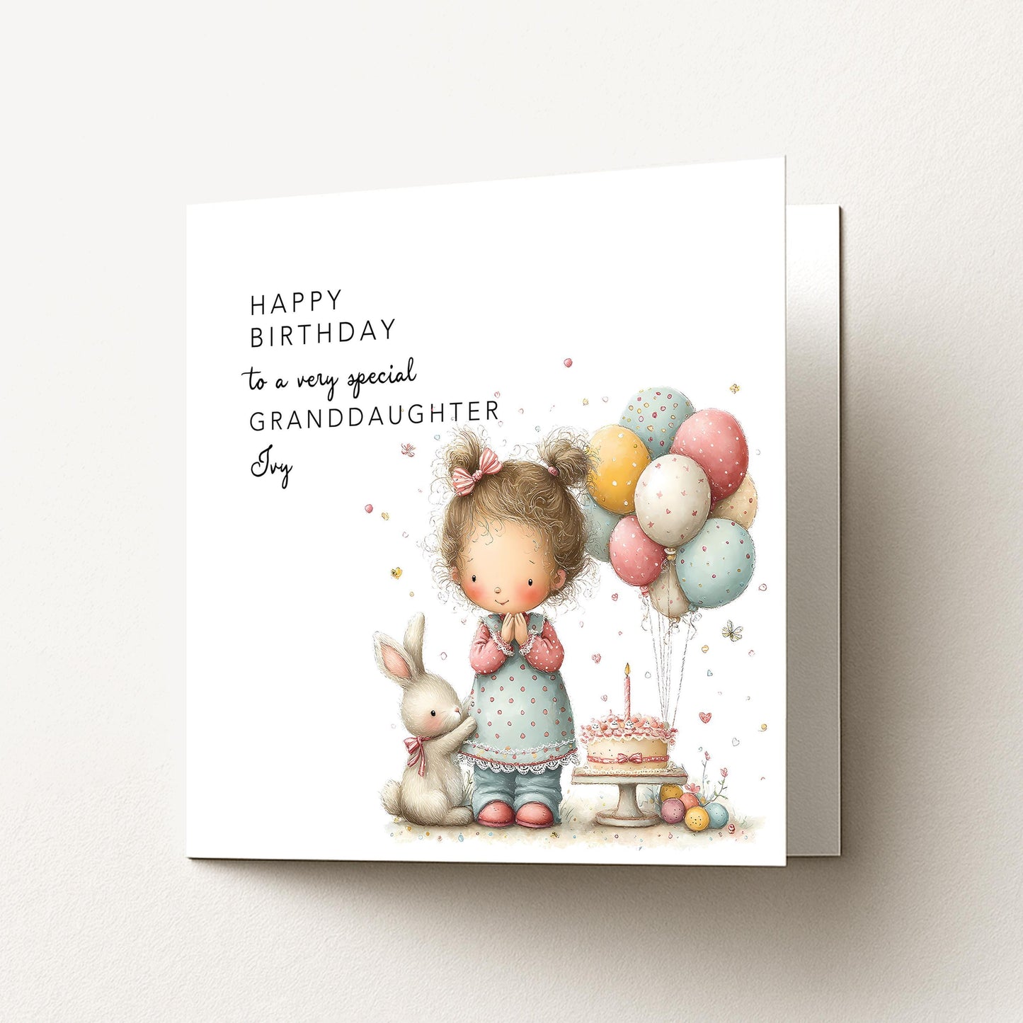 Granddaughter Birthday Card, Personalised Birthday Card for Granddaughter, Cute Girl & Balloons Design, Custom Name Birthday Greeting