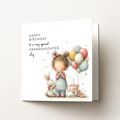 Granddaughter Birthday Card, Personalised Birthday Card for Granddaughter, Cute Girl & Balloons Design, Custom Name Birthday Greeting