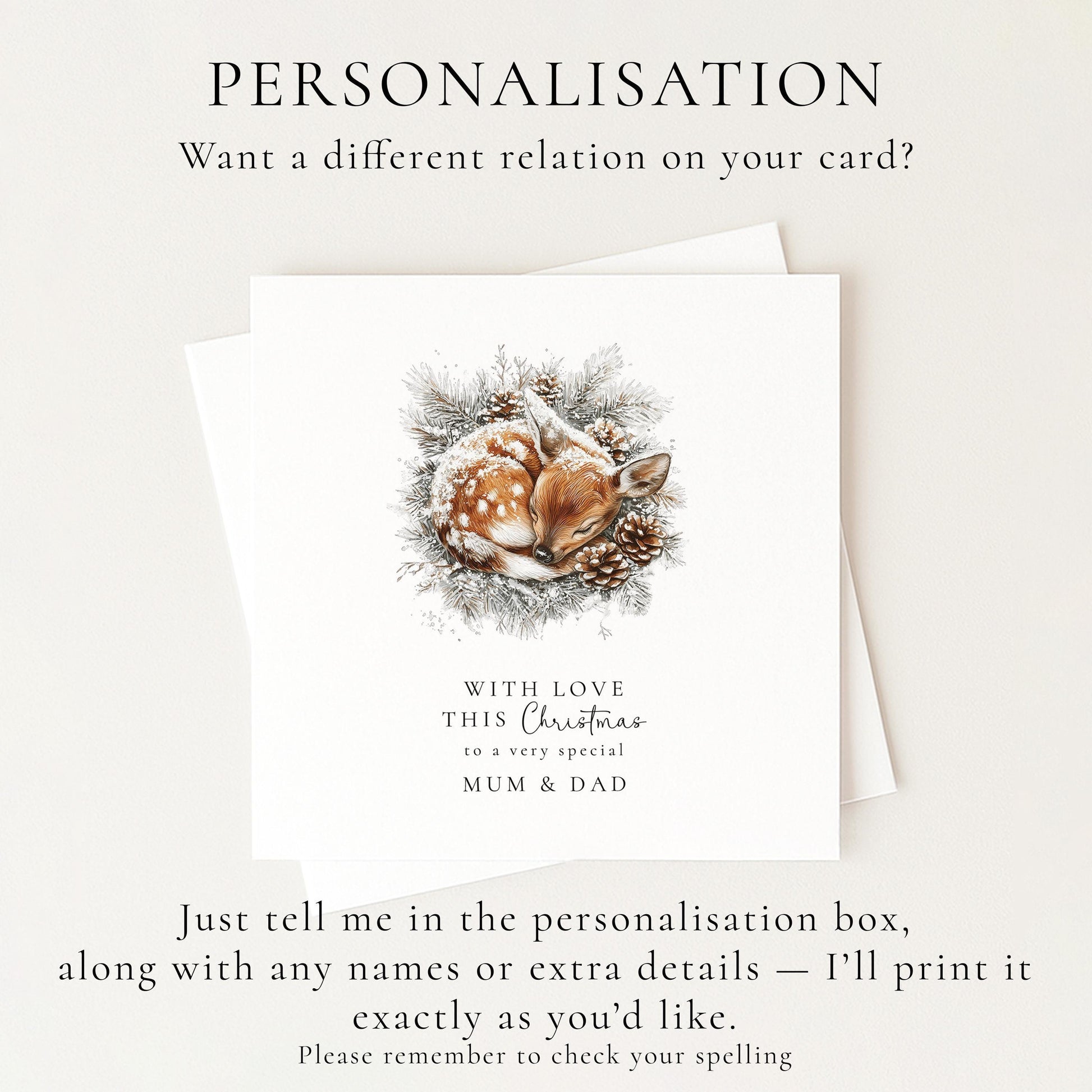 Mum & Dad Christmas Card, Personalised Deer Card, Cute Winter Parents Card, Custom Name Christmas Card