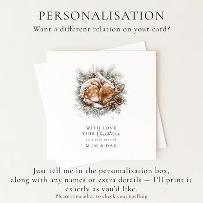 Mum & Dad Christmas Card, Personalised Deer Card, Cute Winter Parents Card, Custom Name Christmas Card