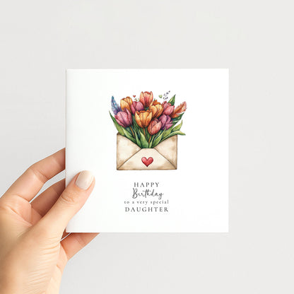 Happy Birthday Daughter Card, Floral Envelope Design, Tulip Birthday Card for Daughter, Elegant Handmade Card