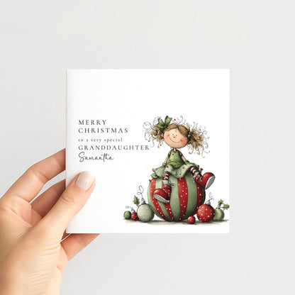 Granddaughter Christmas Card Personalised, Cute Christmas Card for Granddaughter, Festive Girl Illustration, Special Grandchild Xmas Card UK