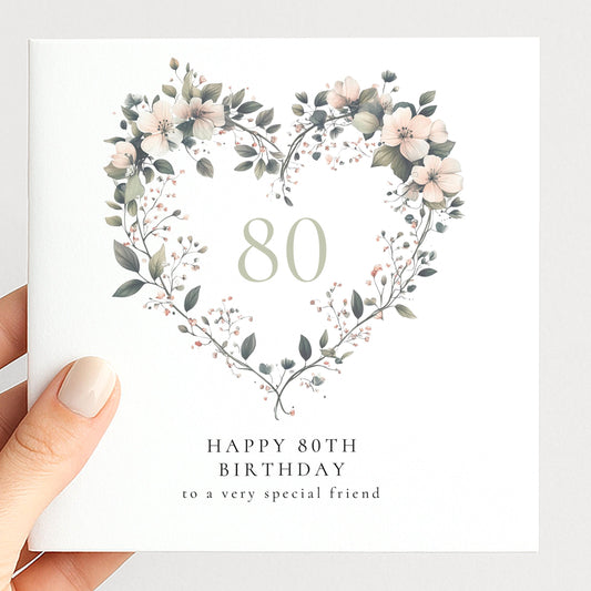 80th Birthday Card for Her, Floral Heart Milestone Birthday Card, Personalised Name Card, Special Friend Birthday Card for Women