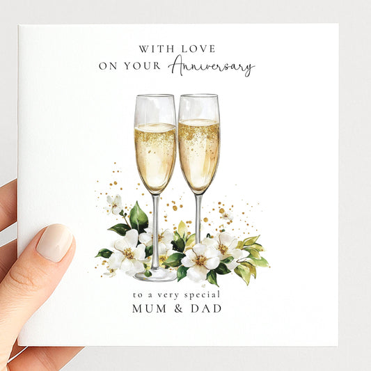 Anniversary Card for Mum and Dad, Personalised Parents Anniversary Card, Champagne Glasses Wedding Anniversary Card