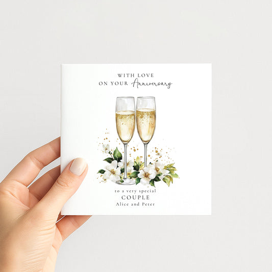 Anniversary Card for Couple, Personalised Anniversary Card, Elegant Champagne Glasses Wedding Anniversary Card