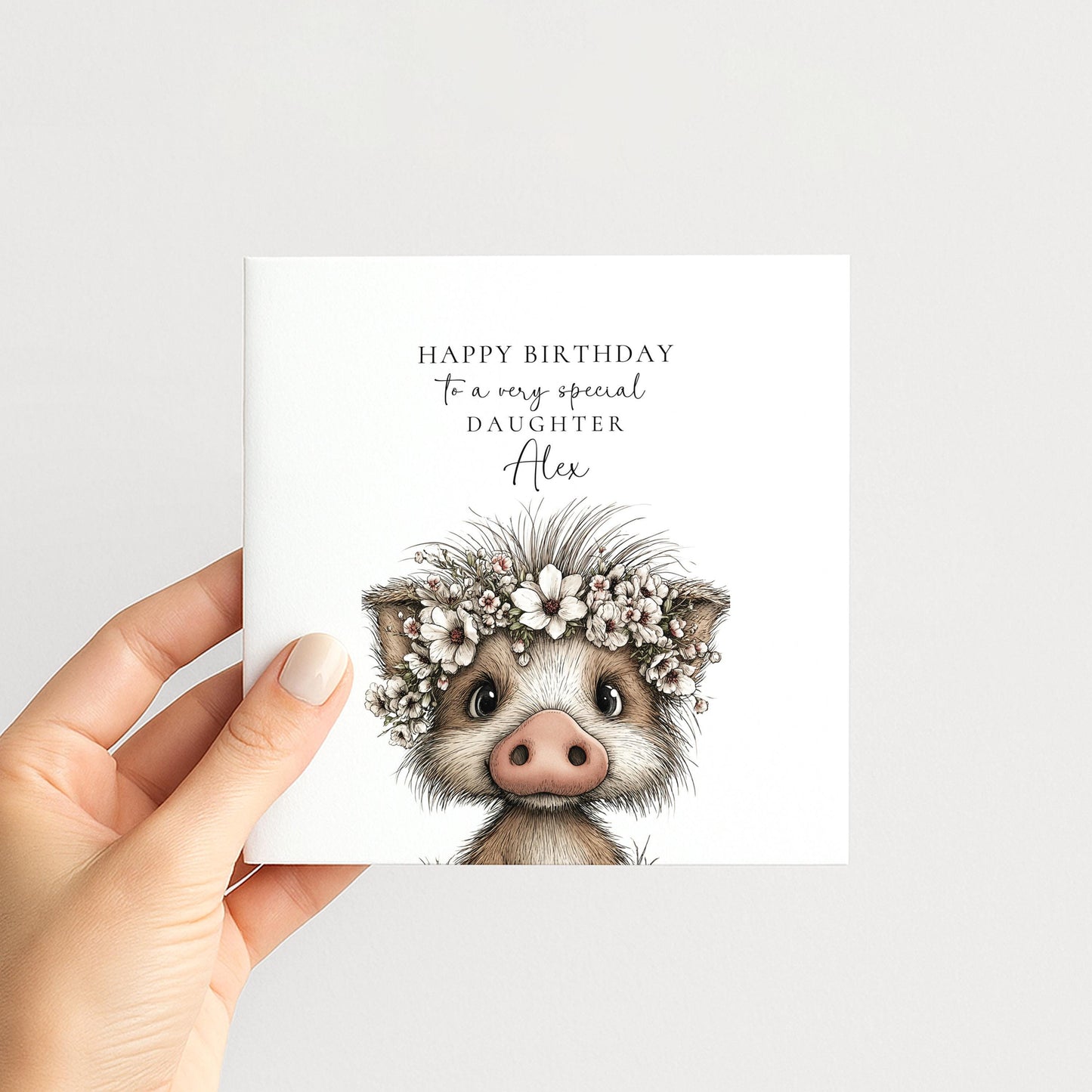 Daughter Birthday Card, Cute Piglet Birthday Card, Personalised Daughter Card, Floral Crown Animal Card, Printed Children’s Birthday Card