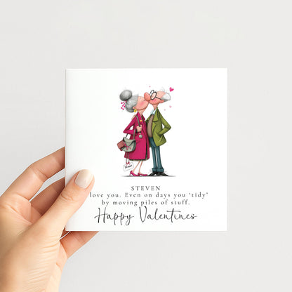 Funny Valentines Card Tidy Piles, Personalised Valentine Card for Him, Husband Boyfriend Partner Anniversary Card, Cute Old Couple Love Card