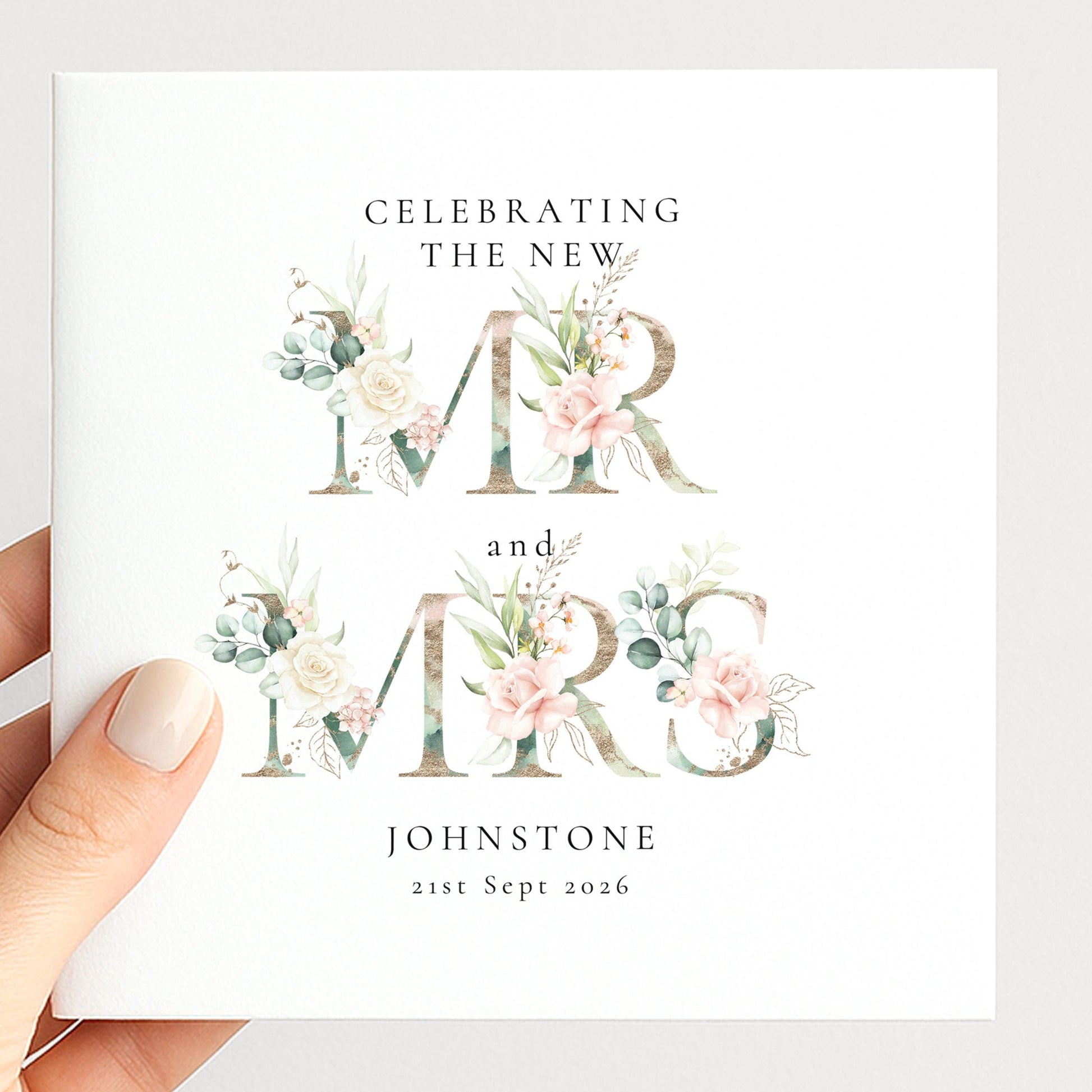 Personalised Wedding Card for Mr and Mrs, Floral Newlyweds Card, Elegant Wedding Card, Custom Couple Name Card