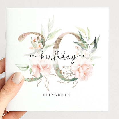 Personalised 30th Birthday Card, Elegant Floral Birthday Card, Custom Name Card for Her, Milestone Birthday Keepsake