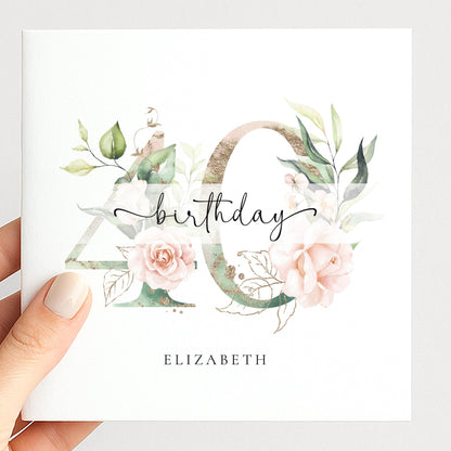 Personalised Age Birthday Card, Floral Milestone Birthday Card, Custom Name Birthday Card, Elegant Floral Number Card, 40th Birthday Card