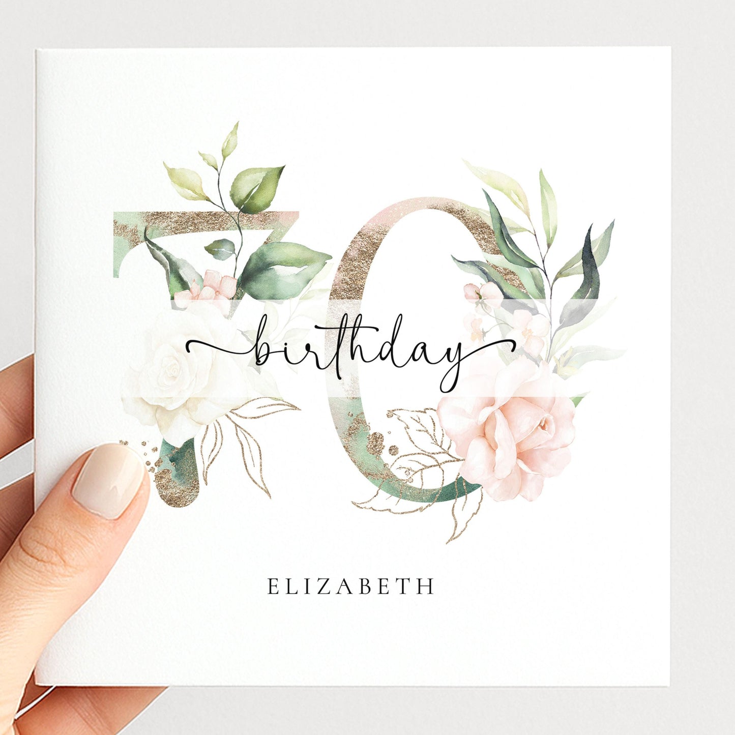 Personalised 70th Birthday Card, Floral Milestone Birthday Card, Custom Age & Name, Elegant Floral Number Card, Feminine Birthday Card