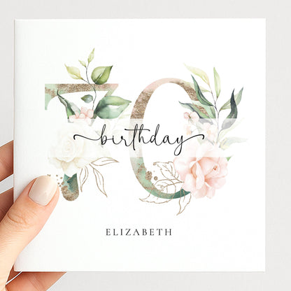 Personalised 70th Birthday Card, Floral Milestone Birthday Card, Custom Age & Name, Elegant Floral Number Card, Feminine Birthday Card