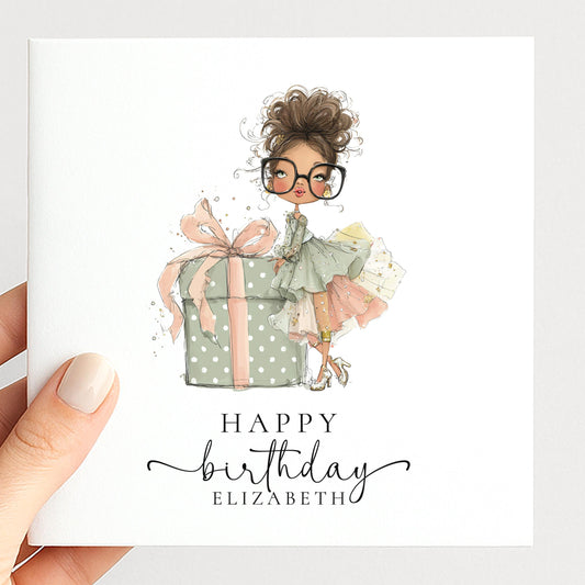 Personalised Girl Birthday Card, Stylish Birthday Girl Illustration, Custom Name Card, Cute Birthday Card for Daughter, Granddaughter, Niece