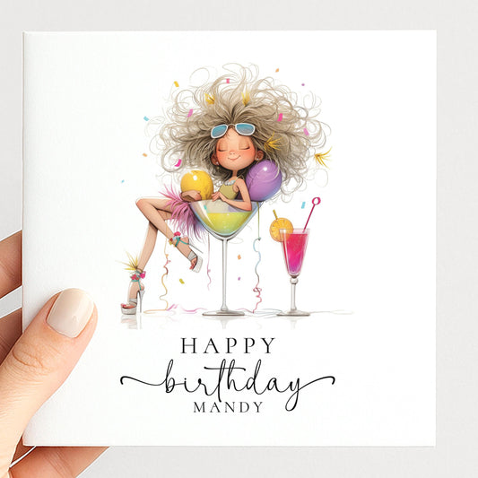 Personalised Cocktail Birthday Card for Her, Fun Birthday Girl Illustration, Custom Name Card, Ladies Birthday Card, Friend Sister Mum Gift