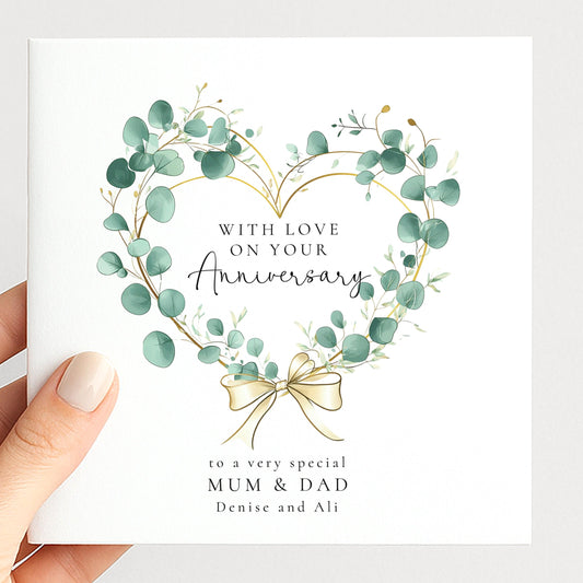 Anniversary Card Mum and Dad, Elegant Eucalyptus Heart Anniversary Card, Personalised Printed Card
