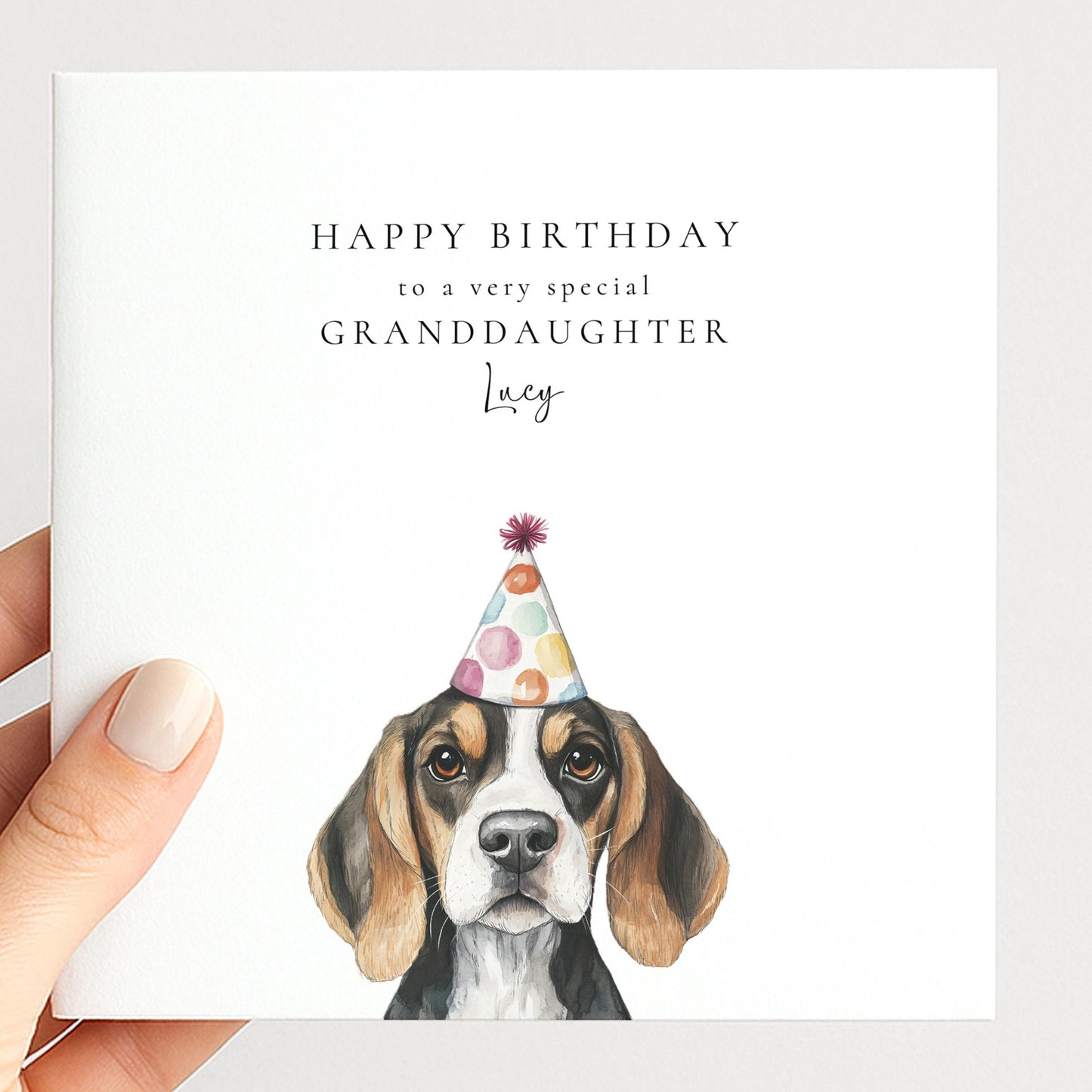Granddaughter Birthday Card, Cute Dog Birthday Card, Personalised Birthday Card for Granddaughter, Printed Card with Party Hat Pup