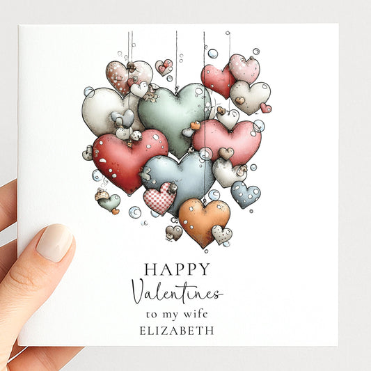 Valentines Card for Wife, Cute Hanging Hearts Valentine Card, Personalised Wife Valentine’s Day Card, Romantic Printed Card