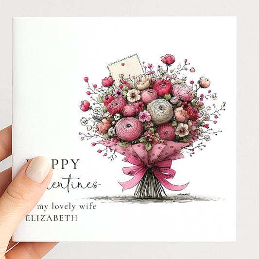Valentines Card for Wife, Floral Bouquet Valentine Card, Personalised Wife Valentine’s Day Card, Romantic Printed Card