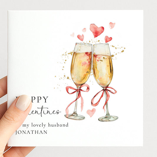 Valentines Card for Husband, Romantic Champagne Glasses Card, Personalised Valentine’s Day Card, Printed Card for Lovely Husband