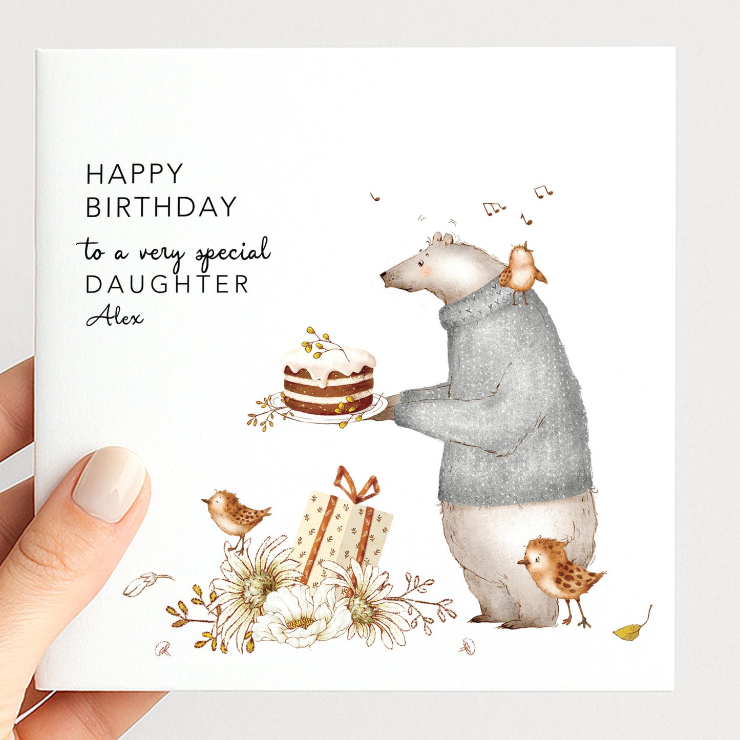 Daughter Birthday Card, Personalised Birthday Card for Daughter, Cute Bear & Birds Design, Custom Name Birthday Greeting