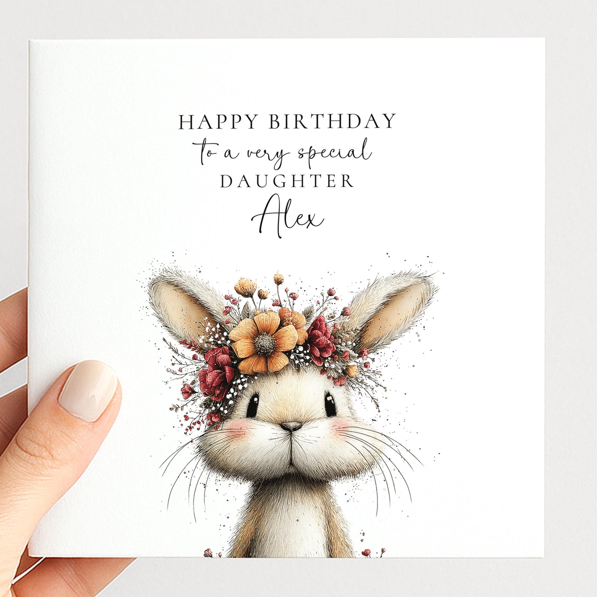 Daughter Birthday Card, Bunny Birthday Card, Personalised Daughter Card, Floral Crown Rabbit Card, Cute Girls Birthday Card